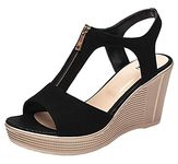 DADAWEN Women's Slingback Platform Wedge Heel Peep-Toe Beach Sandals Black Size 4.5