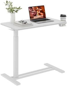 FitStand Medical Overbed Adjustable Bedside Table with Hidden Casters, Pneumatic Mobile Rolling Laptop Standing Desk with Tray for Home and Hospital Use, White Table Top + White Edging
