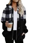 WIWIQS Women Plush Fleece Zip Up Jacket Oversized Drawstring Coat Hoodies Loose Long Sleeve Outwear BLK White L