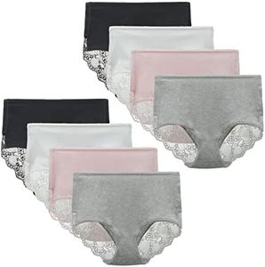 LIQQY Women's Cotton Underwear Hipster Cottontails Brief Full Coverage Briefs High-Waist Lace Panties 8 Pcs/Pack (10, Black+Pink+Gray+White)