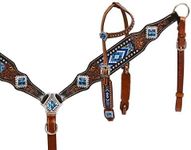 Showman Tooled Leather Headstall & Breast Collar Set w/Blue Beaded Inlays