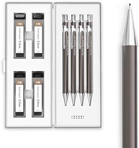 MozArt Mechanical Pencil Set with Case - 4 Sizes: 0.3, 0.5, 0.7 & 0.9mm with 30 HB Lead Refills Each & 4 Eraser Refills -Sketch, Drafting, Art, Drawing Supplies (Nickle)