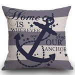 Smooffly Nautical Farmhouse Decorative Cushion Cover Home is Wherever We Drop Our Anchor Quote Sign Summer Cruise Lover Decoration Home Decor Cotton Linen Throw Pillow Cover for Sofa Couch, 45 x 45 cm