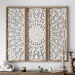 WoodIdea Wood Carved Floral Wall Decor (Set Of 3) Panel Wood Wall Art,36"X36"X1" (Color Antique White) Best Carving Wall Panel, 2.54 Cm