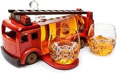 The Wine Savant Firetruck Whiskey Decanter with Two 12 oz Glasses Gift Firefighter Gifts, Fireman, Fireman Figurine, Police Gifts, Gift for Firefighters ! 600ml 13" L 6" H Gifts for Dad