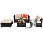 DORTALA 5 Pieces Patio Rattan Furniture Sets, Sectional Sofa Conversation Set Wicker Combination Furniture w/ Steel Frame, Modern Wicker Sofa Ottoman Table for Garden Lawn Balcony Backyard, Rattan Bistro Furniture w/ Sponge Cushion, Brown