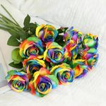 Laelfe 12 PCS Artificial Flowers Rainbow Roses Silk Flowers Fake Long Stem Artificial Colorful Roses for Christmas Home Wedding Bathroom Kitchen Decorations (Colorful)