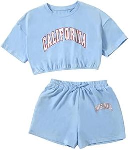 SHENHE Girl's Short Sleeve Letter Graphic 2Pcs Crop Top and Track Shorts Set Baby Blue 7Y