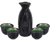 Sake Set Black Japanese 5 Pieces Traditional Japanese Sake Cup Set Hand Painted Design Porcelain Pottery Ceramic Cups Crafts Wine Glasses Gifts (Sake Pot 280 ml and Sake Cup 50ml)