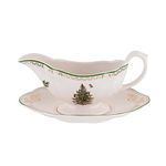 Spode Christmas Tree Gold Collection Gravy Boat and Stand, Sauce Boat, and Tray, 10-Ounce, Made of Fine Porcelain, for Gravy, Warming Sauces, Holiday Party Dish, Dishwasher Safe