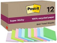 Post-it Super Sticky 100% Recycled Notes, Pack of 12 Pads, 70 Sheets per Pad, 47.6 mm x 47.6 mm, Pink, Green, Blue, Purple, Yellow - Extra Sticky Notes Made from 100% Recycled Paper- Assorted