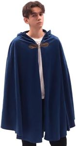Yaolzeku Men's Velvet Blue Cloak with Hood, Renaissance Medieval Hooded Cloak for Women, Warm Halloween Hooded Cape with Metal Loop Clasp and Belts on Collar