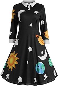 ZEZCLO Women's Long Sleeve Peter Pan Collar A-line Dress Halloween Costume Vintage Solar System Fit and Flare Dresses Black L