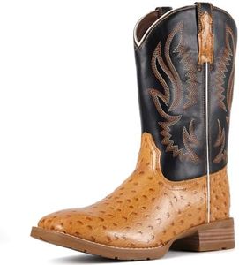 SUREWAY FULL QUILL OSTRICH Cowboy Boots For Men -Mens Square Toe Embroidery Western Boot,Oil/Slip Resistant,Durable Classic Pull on 10 Inch Wellington Boots - Soft Toe Full Grain Leather Work Boots