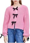 MakeMeChic Girl's Color Block Bow Front Cardigan Drop Shoulder Long Sleeve Knit Sweaters Pink 8Y