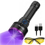 Alonefire SV83 365nm UV Torch Flashlight 20W USB Rechargeable Black Light Pet Stain Urine Detector for Resin Curing, Scorpion, Fishing, Minerals, Dry Glue with UV Protective Glasses, Battery Included