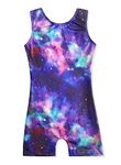 Leotards for Girls Gymnastics Unicorn Sparkly Pink Biketards Stars Rainbow Clouds, Blue Aurora, 7-8 Years