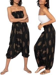 likemary Harem Pants Women - Boho Pants Pull Up into Jumpsuit with Pockets - 2-in-1 Hippie Pants and Romper Jumper Outfit - Genie Pants Black & Gold Plus Size
