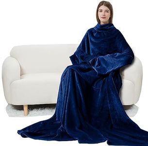 Wearable Fleece Blanket with Sleeves & Foot Pocket for Adult Women Men,Lightweight Soft Plush TV Blanket Wrap Throw with Sleeves and Adjustable Hook & Loop 79" x 67" Navy (Kangaroo Pocket)