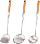 HUIRUMM Stainless Steel Kitchen Utensil Set,17 Inch Stainless Steel Soup Ladle Cooking Utensil, Wok Spatula,Soup Ladle and Spatula with Heat Resistant Wood Handle Large Long Soup Pan Ladle for Soups, Stews, Gravy