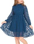 Flypigs Girls Fall Dress Swiss Dots Flared Sleeve Babydoll Dresses Knee Length Ruffle Collar Blue Midi Dress 5-6T