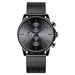 GOLDEN HOUR Men’s Watch Fashion Sport Quartz Analog Mesh Stainless Steel Waterproof Chronograph Watches, Auto Date in Grey Hands, Color: Black
