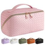 Large Capacity Travel Cosmetic Bag, Multifunctional Storage Makeup Bag Woven Leather Makeup Bag, Waterproof Travel Cosmetic Bags with Handle and Divider for Women (Pink-B)