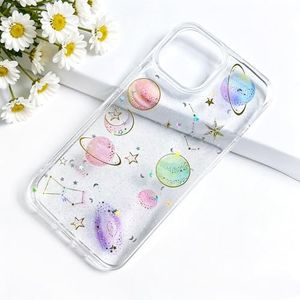 Abbery for iPhone 13/14/15 Case Clear Cute with Planet Design Bling Glitter Twinkle Sparkle Stars Moon Space Theme Soft TPU Aesthetic Shockproof Slim Protective Women Girl's Unique Phone Cover