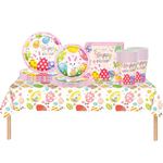 COSORO 69Pcs Easter Party Tableware Plastic Easter Table Cloth Cover,Paper Plates,Napkins and Cups for Easter Party Table Decorations,Pink Bunny Egg Dinnerware Set for Easter Party Supplies