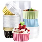 EUSOAR Assorted Colors Cupcake Muffin Liners, 5oz Aluminum Baking Cups Ramekins, Dessert Containers with Lids, 125ml aluminum foil cups-Carmine+ Rose Gold+ Meteor Shower+ Lake Blue+ Mustard (50pcs)