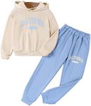 SOLY HUX Girl's Letter Print Drop Shoulder Hoodie Sweatshirt and Jogger Sweatpants 2 Piece Outfit Beige and Blue 9Y