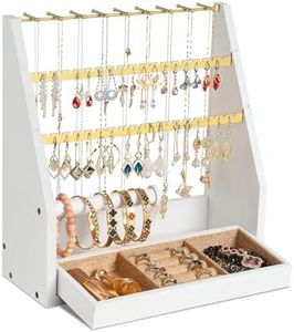 DGWJSU Jewelry Organizer Stand, 5 Layer Earring Holder Organizer with Necklace Holder, Rustic Wood Earring Organizer Display for Stud Earring Bracelet Necklace Ring, Watches(White Gold)
