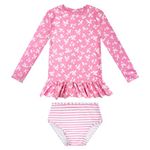 Girls Swimming Costume Two Piece Long Sleeve Uv Protection Swimsuit Girls Ruffled Floral Rash Guard Sets with Bikini Bottoms Swimwear for Girls 7-8 Years Pink