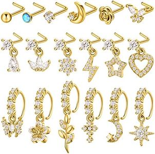 Bonuci 18 Pcs Dangle Nose Ring L Shaped Dangling Nose Stud Cute Star Heart 20g Stainless Steel Nose Ring Hoop Indian Nose Piercing Jewelry with Charm, stainless steel and copper, no gemstone Gold