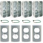 Pack of 4 Boxes and Covers: 4x2 Inch Utility Electrical Box, Outlet Box, Duplex Receptacle Cover, Drawn Construction, Ten 1/2 Inch Knockouts, Raised Ground, 1-7/8" Deep, 13 Cu. In. Capacity,
