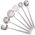 17Inch 304 Stainless Steel Kitchen Utensils Set, 6-Pieces All Metal Extra Long Handle Cooking Tools with Wok Spatula, Soup Ladle, Skimmer Spoon, Slotted Spatula Turner, Spaghetti Server, Solid Spoon