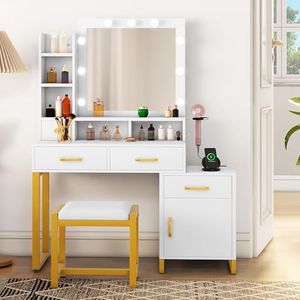 YITAHOME 43" Makeup Vanity Desk with Mirror and Lights & Charging Station, Vanity Table Set with Chair, Drawers, 3 Lighting Modes Brightness Adjustable, Bedroom (White)