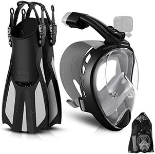 Odoland Snorkeling Packages for Adults & Youth, Full Face Snorkel Mask with Camera Mount, Adjustable Swim Fins, Mesh Bag, Anti-Fog Anti-Leak Scuba Diving Gear for Men & Women, Black L