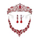 BriLove Bridal Jewellery Set for Wedding Flower Maids, Crystal Teardrop Cluster Statement Necklace Clip-on Earrings Princess Tiara Crowns Headbands Comb Set for Birthday Party Ruby Color Silver-Tone