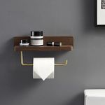 RuPS Black Walnut Wood Toilet Paper Holder with Shelf, Wall Mounted Brass Finished Toilet Paper Holder with Storage Shelf Mobile Stand, (Large 30cm x 10cm x 7cm)