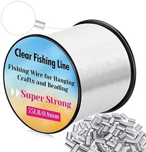 Hanging Wire Clear, Acejoz Thick Fishing Line Nylon String Picture Frame Wire with 100Pcs Crimps Sleeves 70lb Invisible Line for Balloon Garland Picture Hanging Decoration and Crafts (656 Feet)