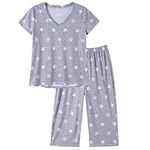 MyFav Womens Plus Size Summer Pyjamas Sets Soft Loungewear Pjs Sets Short Sleeve Top and 3/4 Capri Pants Sleepwear,Grey Star,L