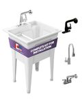 Utility Sink with One-Handle Plastic Chrome Faucet – Polypropylene Laundry Sink, White Garage Sink, Indoor and Outdoor Use – Complete Sink Set by Noah William Home (24” X 22” x 34” 19.5 Gallons)