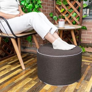 Asuprui Outdoor Indoor Foam Stuffed Ottoman Waterproof Round Ottoman Footrest Stool Diameter 20x Height 12 Inches Boho Foot Rest for Patio Living Room Porch Outdoor Seating Garden Camping Dark Coffee