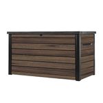 Keter Signature Ontario 870L Outdoor Storage Box – Rosewood | Weather‑Resistant Wood‑Look Storage Box with Lockable Lid, Extra Seating for 2, UV‑Protected Garden Storage