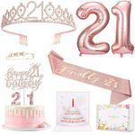 21st Birthday Decorations gifts for Her Women, Including 21st Happy Birthday Cake Topper, Queen Sash with Pearl Pin, Sweet Rhinestone Tiara Crown for Women, Number Candles and Balloons (Rose Gold)