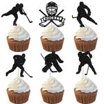 YCTHUNFISH 24 Pack Hockey Cupcake Toppers Hockey Theme Birthday Party Cake Decorations Hockey Players Cupcake Picks for Ice Hockey Sports Baby Shower Birthday Party Decorations Black