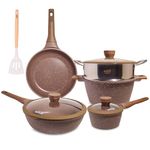 ATTIL - Aluminium - Non Stick 9 Pcs Cookware Set - Induction Cookware Set of 4 (Frying Pan 24Cm, Wok Pan 28Cm, Handi & Steamer 24Cm and Sauce Pan 16Cm) - Non Stick Cooking Set - Granite Brown