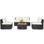 COSTWAY 5 PCS Garden Rattan Furniture Set, Outdoor PE Wicker Conversation Set with Solid Acacia Wood Tabletop and Soft Cushions, Patio Sectional Sofa Set for Garden, Poolside & Backyard