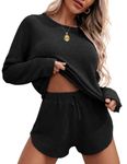 Ekouaer Womens Waffle Knit Pajama Sets Long Sleeve Top and Shorts Matching Lounge Set Sleepwear Loungewear Sweatsuit with Pockets Black Medium